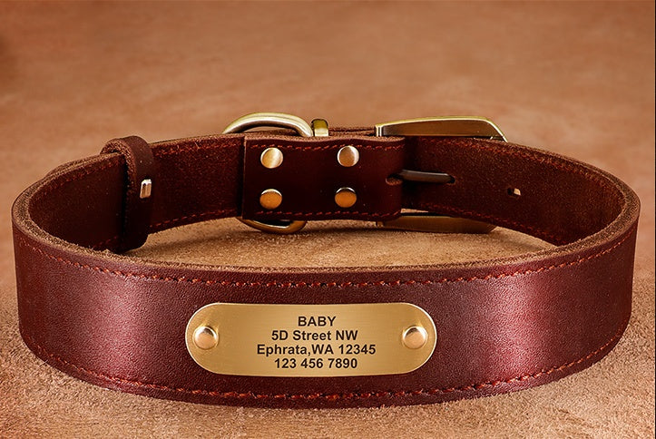 KFX-5648701 Personalized Cowhide Dog Collar with Nameplate ID Tag for Medium to Large Dogs