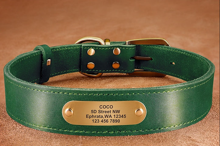 KFX-5648701 Personalized Cowhide Dog Collar with Nameplate ID Tag for Medium to Large Dogs