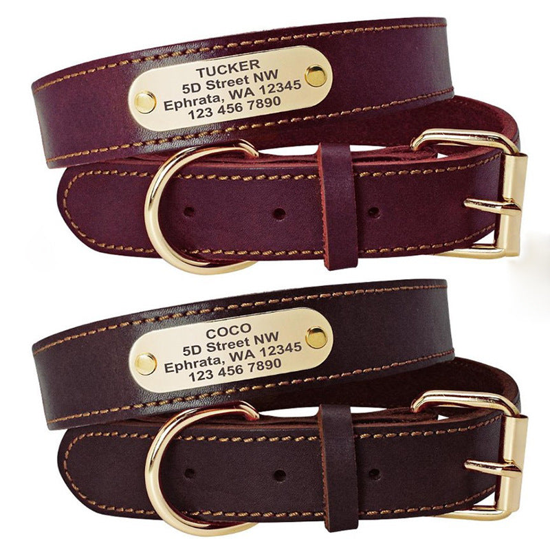 KFX-5648701 Personalized Cowhide Dog Collar with Nameplate ID Tag for Medium to Large Dogs