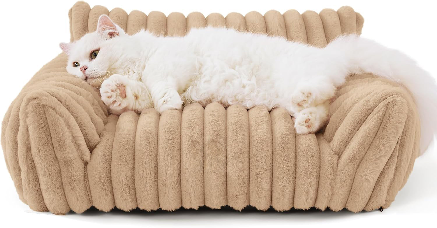 KFX-5650109 Fluffy Cat Couch Bed for Pets - Soft Corduroy Fleece with Supportive Three-Sided Design