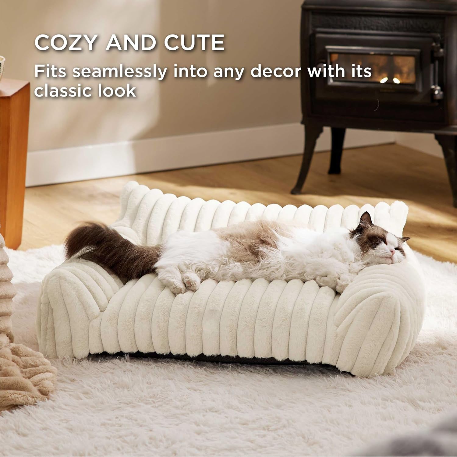 KFX-5650109 Fluffy Cat Couch Bed for Pets - Soft Corduroy Fleece with Supportive Three-Sided Design