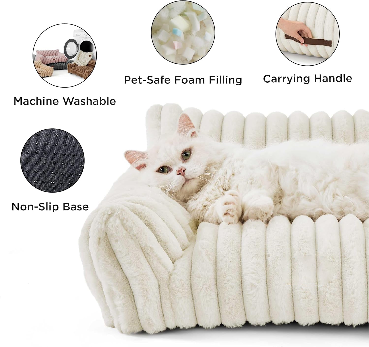 KFX-5650109 Fluffy Cat Couch Bed for Pets - Soft Corduroy Fleece with Supportive Three-Sided Design