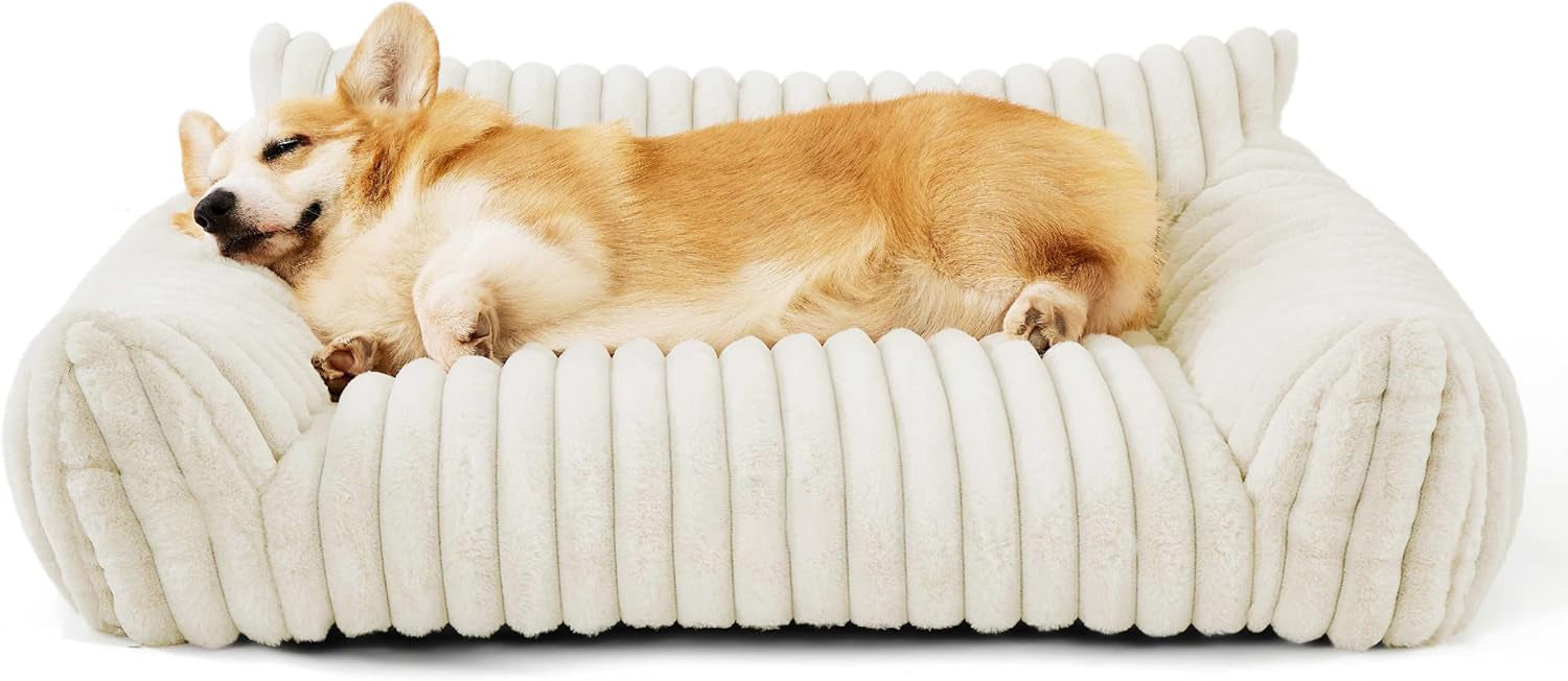 KFX-5650109 Fluffy Cat Couch Bed for Pets - Soft Corduroy Fleece with Supportive Three-Sided Design