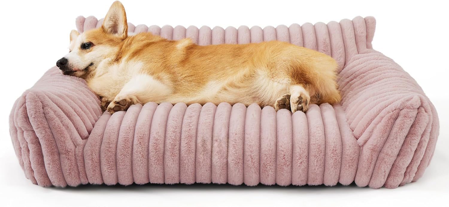 KFX-5650109 Fluffy Cat Couch Bed for Pets - Soft Corduroy Fleece with Supportive Three-Sided Design