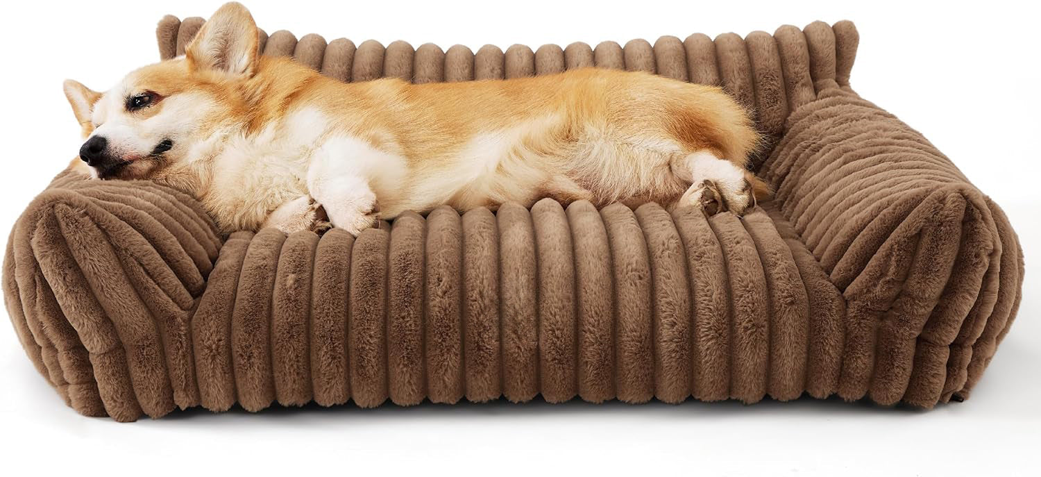 KFX-5650109 Fluffy Cat Couch Bed for Pets - Soft Corduroy Fleece with Supportive Three-Sided Design
