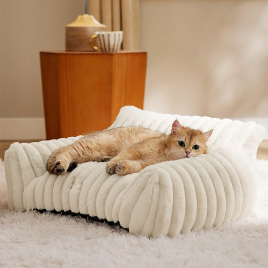 KFX-5650109 Fluffy Cat Couch Bed for Pets - Soft Corduroy Fleece with Supportive Three-Sided Design