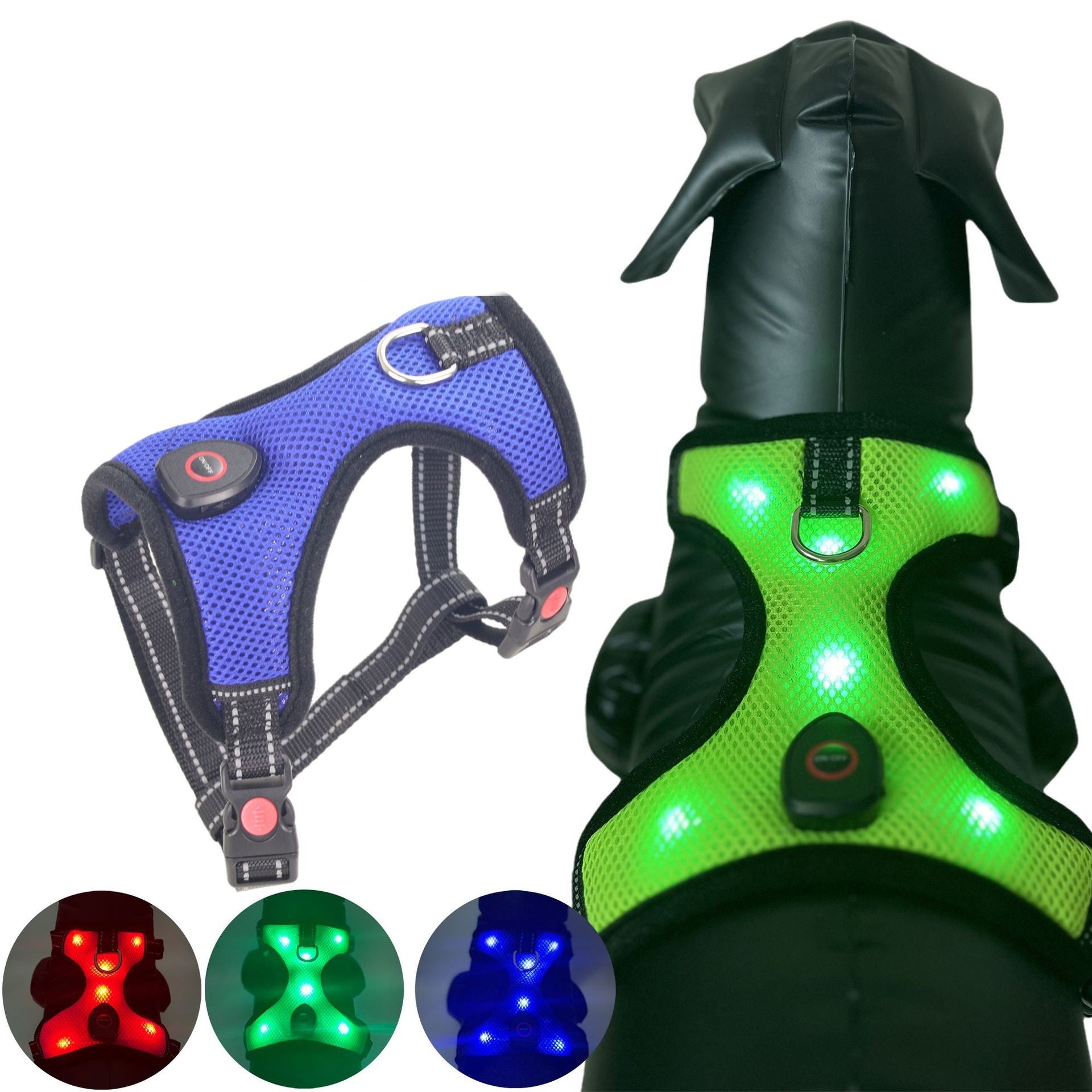 KFX-5651901 LED Luminous Pet Harness with USB Rechargeable Chest Strap - Available in Blue, Green, and Pink