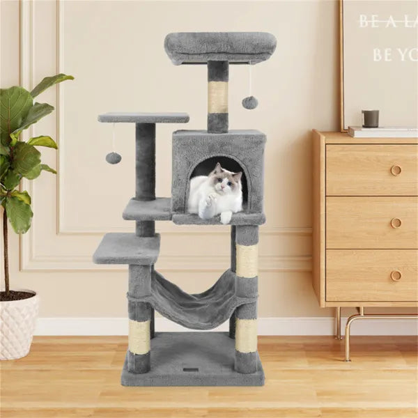 KFX-5652285 44" Multi-Level Cat Tree with Spacious Perch, Condo & Hammock for Indoor Cats - Light Gray