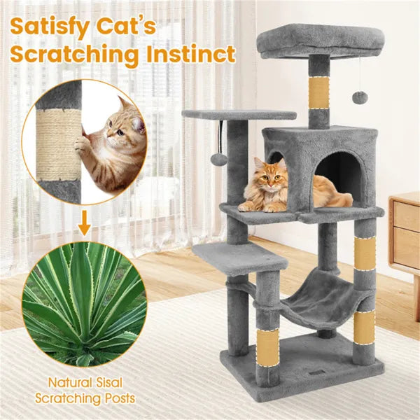 KFX-5652285 44" Multi-Level Cat Tree with Spacious Perch, Condo & Hammock for Indoor Cats - Light Gray