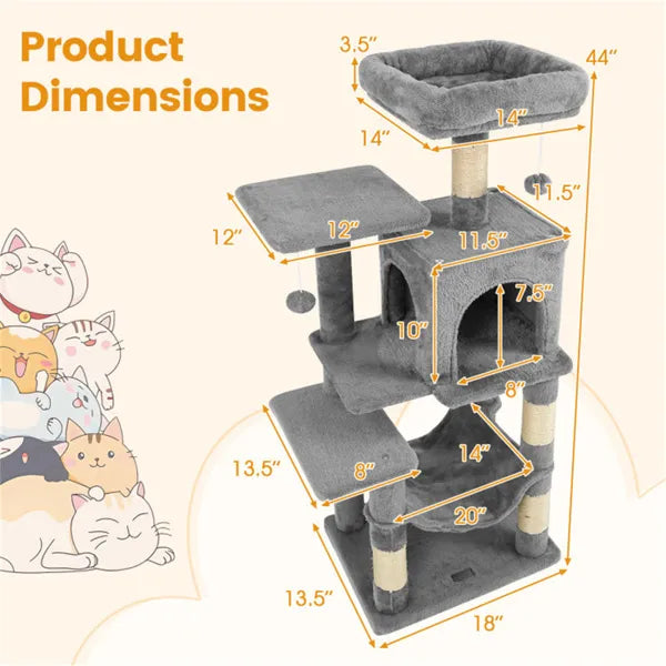 KFX-5652285 44" Multi-Level Cat Tree with Spacious Perch, Condo & Hammock for Indoor Cats - Light Gray