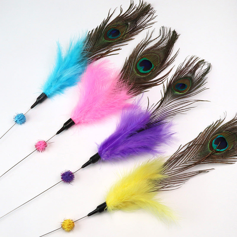 KFX-5653437 Feather Cat Wand with Bite-Resistant Stick - Colorful Peacock Feather for Playful Cats