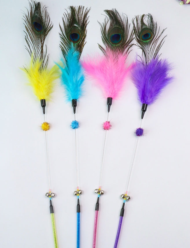 KFX-5653437 Feather Cat Wand with Bite-Resistant Stick - Colorful Peacock Feather for Playful Cats