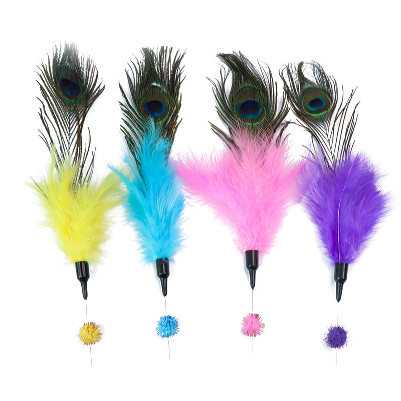 KFX-5653437 Feather Cat Wand with Bite-Resistant Stick - Colorful Peacock Feather for Playful Cats