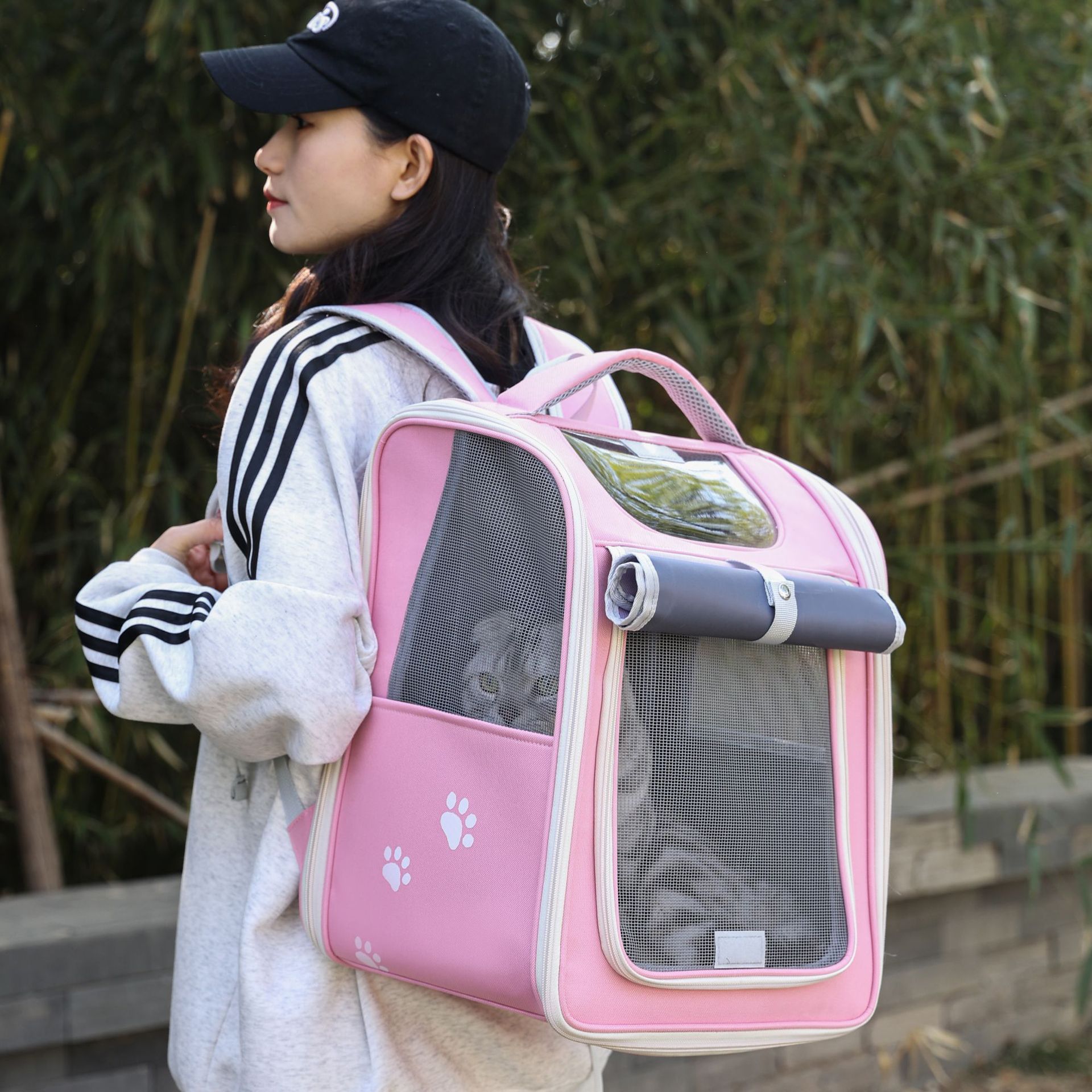 KFX-5654845 Large Capacity Breathable Pet Bag in Milky White, Pink, Blue, and Khaki - Oxford Cloth with Steel Wire Support