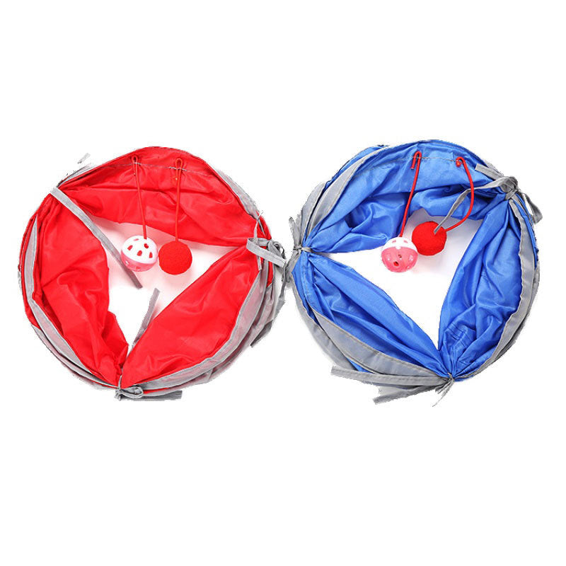 KFX-5659197 Collapsible Cat Tunnel Tent - Durable Polyester Pet Play Toy in Red & Blue