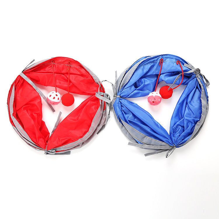 KFX-5659197 Collapsible Cat Tunnel Tent - Durable Polyester Pet Play Toy in Red & Blue