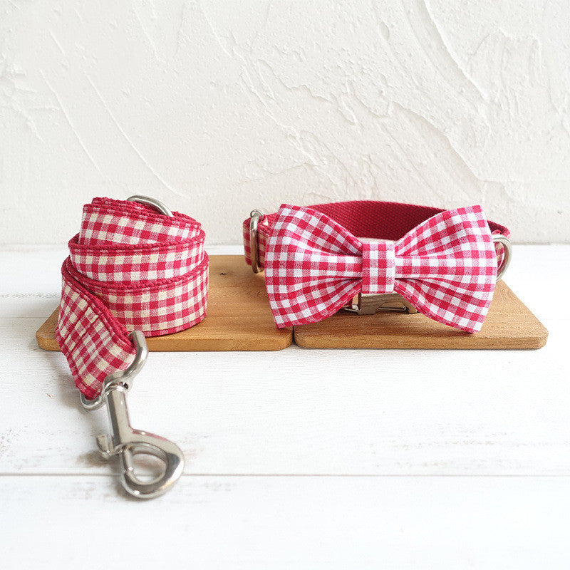 KFX-5660349 Plaid Pet Collar Bow Tie Set with Leash - Durable Polyester Material, Various Sizes