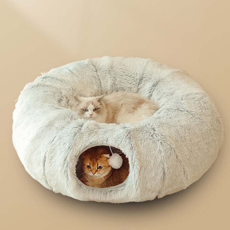 KFX-5663421 Cozy Plush Cat Tunnel Bed with Collapsible Donut Design for Indoor Pets
