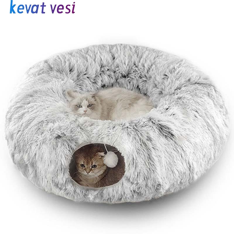 KFX-5663421 Cozy Plush Cat Tunnel Bed with Collapsible Donut Design for Indoor Pets