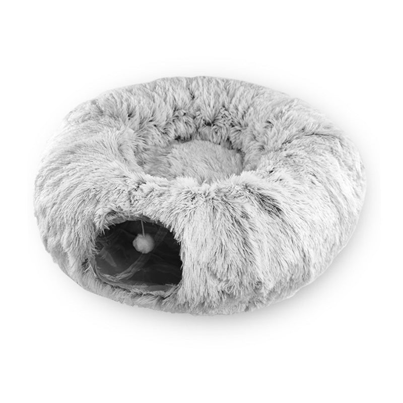 KFX-5663421 Cozy Plush Cat Tunnel Bed with Collapsible Donut Design for Indoor Pets