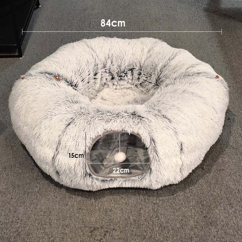 KFX-5663421 Cozy Plush Cat Tunnel Bed with Collapsible Donut Design for Indoor Pets