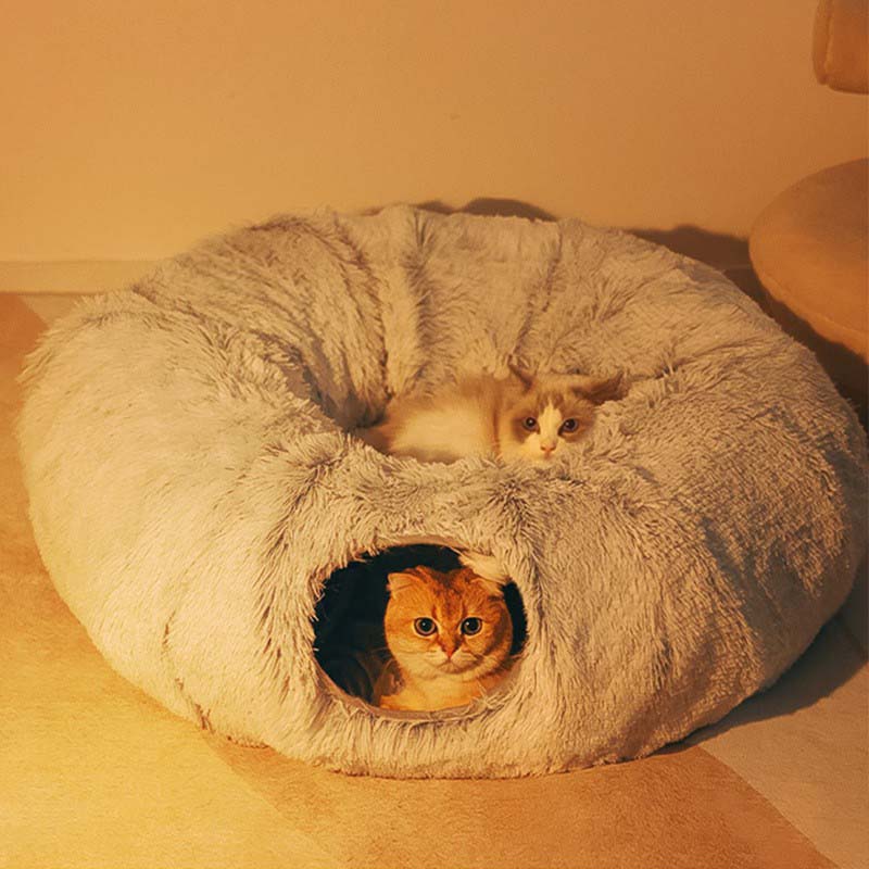 KFX-5663421 Cozy Plush Cat Tunnel Bed with Collapsible Donut Design for Indoor Pets