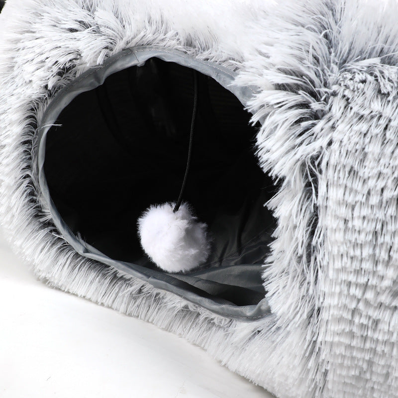 KFX-5663421 Cozy Plush Cat Tunnel Bed with Collapsible Donut Design for Indoor Pets