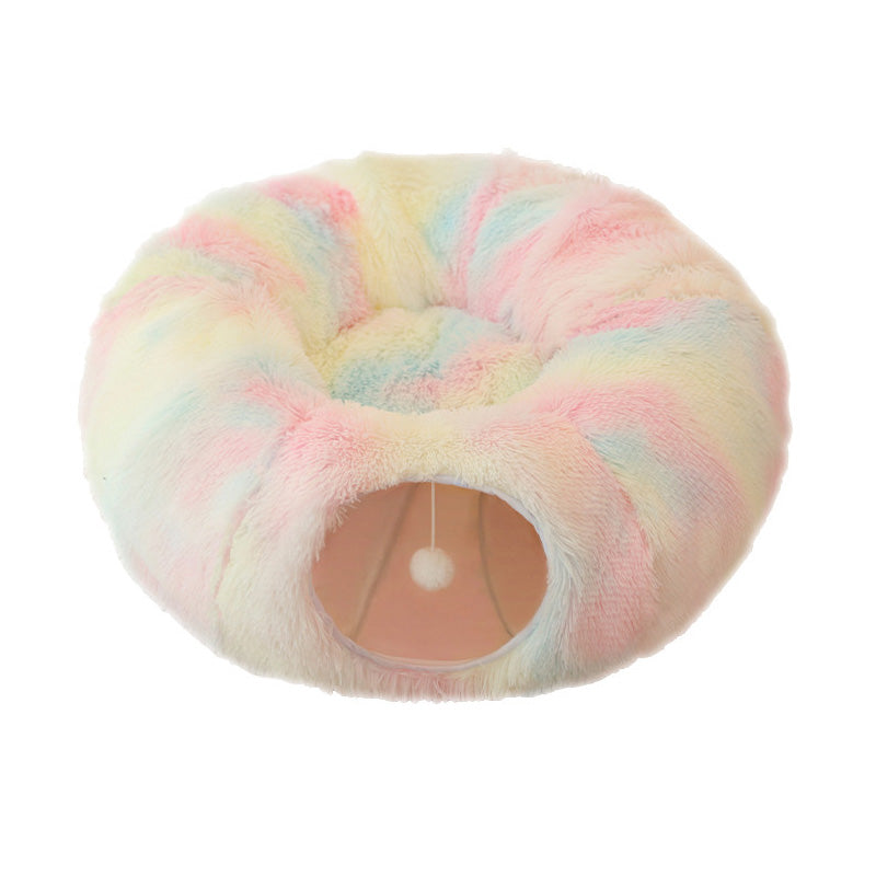 KFX-5663421 Cozy Plush Cat Tunnel Bed with Collapsible Donut Design for Indoor Pets