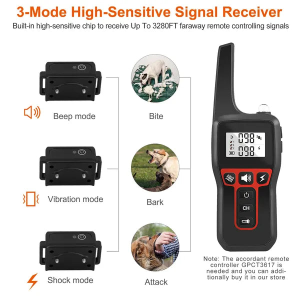 KFX-5663805 Waterproof Dog Training Collar Receiver with 3280ft Range, Shock, Vibration, Beep Modes