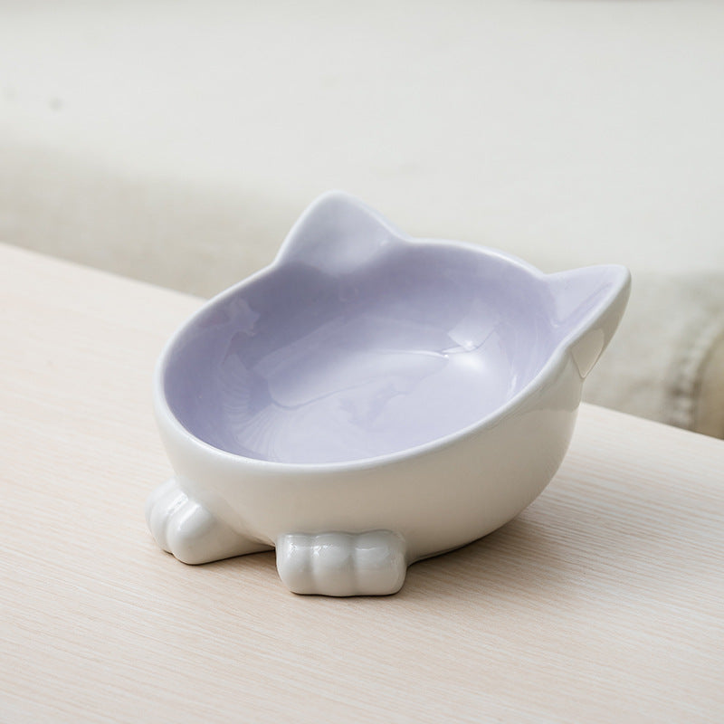 KFX-5665597 Ceramic Cat Face Bowl with High Base for Comfortable Feeding and Drinking - Ideal Pet Food Utensil