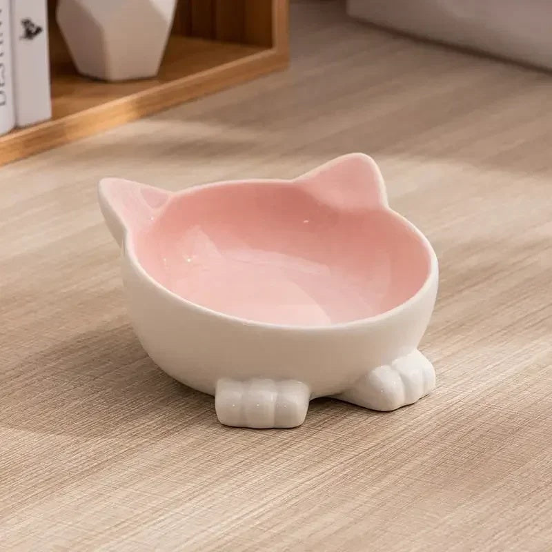 KFX-5665597 Ceramic Cat Face Bowl with High Base for Comfortable Feeding and Drinking - Ideal Pet Food Utensil