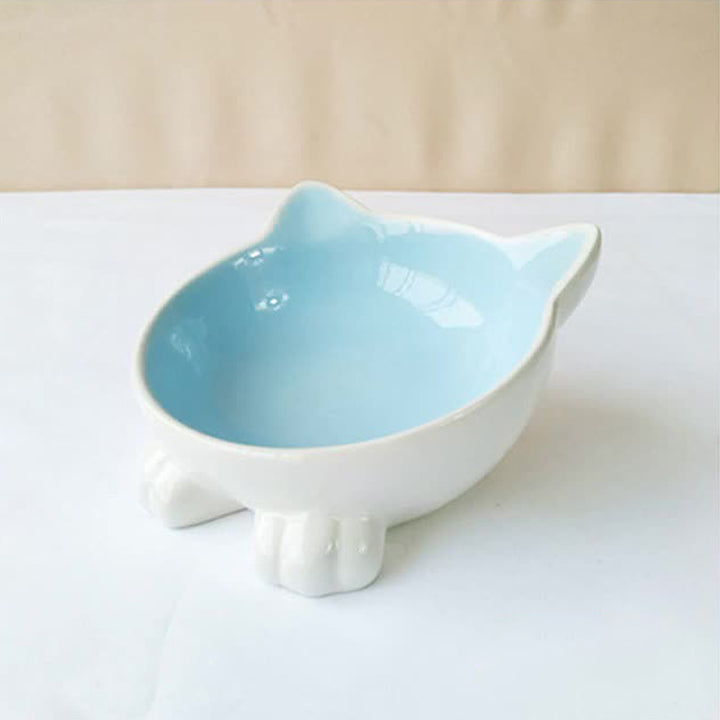 KFX-5665597 Ceramic Cat Face Bowl with High Base for Comfortable Feeding and Drinking - Ideal Pet Food Utensil