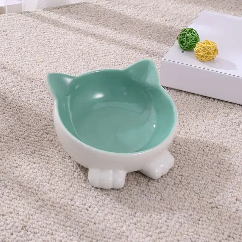 KFX-5665597 Ceramic Cat Face Bowl with High Base for Comfortable Feeding and Drinking - Ideal Pet Food Utensil