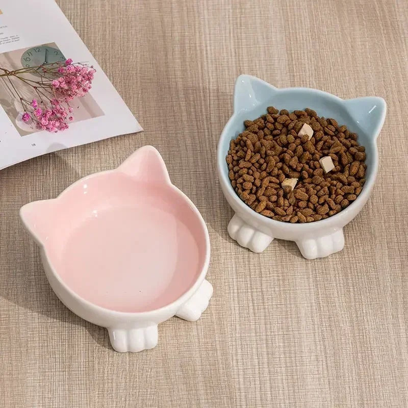 KFX-5665597 Ceramic Cat Face Bowl with High Base for Comfortable Feeding and Drinking - Ideal Pet Food Utensil