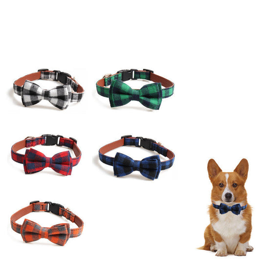 KFX-5666109 British Plaid Adjustable Pet Collar - PU and Cloth, Sizes S, M, L