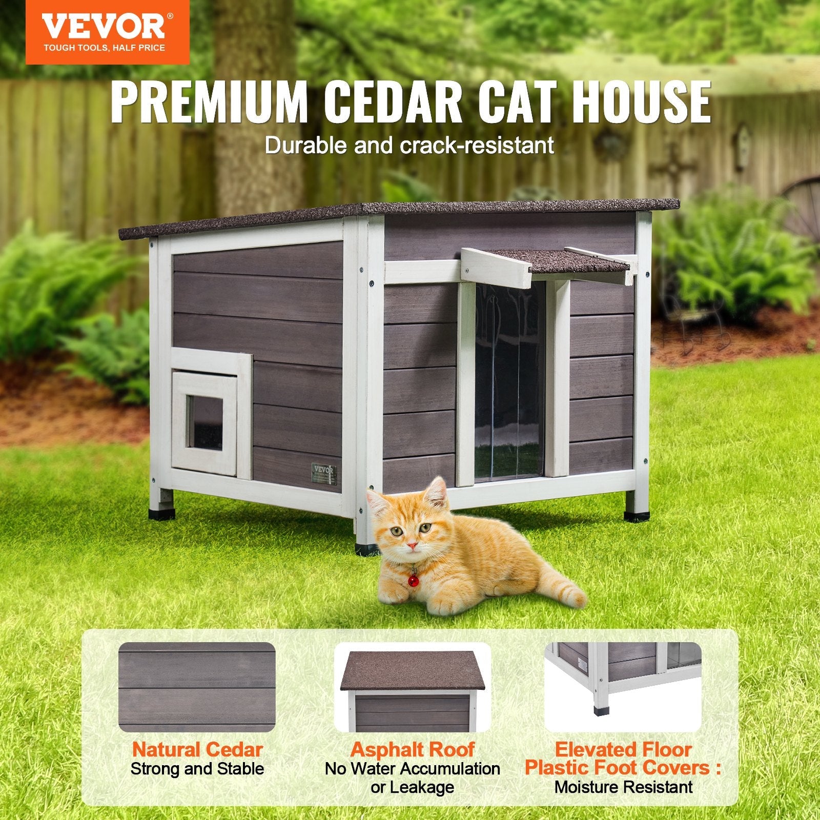 KFX-5673149 Wooden Outdoor Cat House with Roof, Door Flaps, and Window - All-Season Feral Cat Shelter