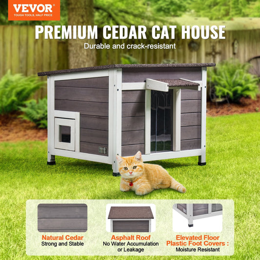 KFX-5673149 Wooden Outdoor Cat House with Roof, Door Flaps, and Window - All-Season Feral Cat Shelter