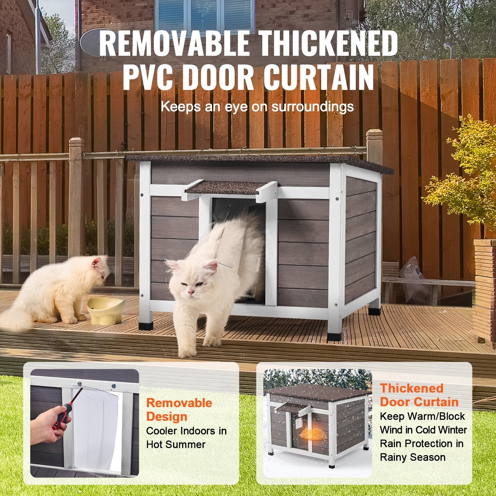 KFX-5673149 Wooden Outdoor Cat House with Roof, Door Flaps, and Window - All-Season Feral Cat Shelter