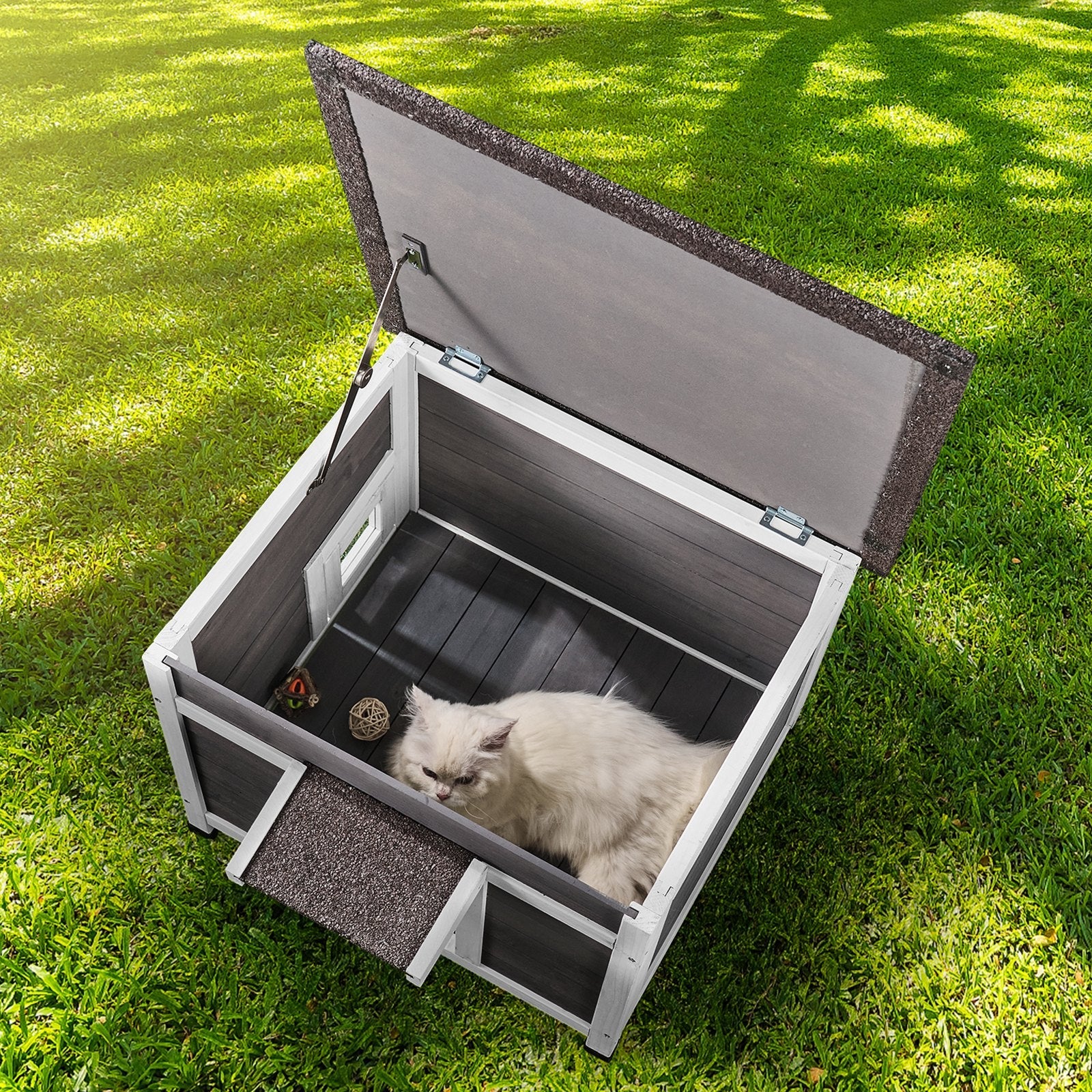 KFX-5673149 Wooden Outdoor Cat House with Roof, Door Flaps, and Window - All-Season Feral Cat Shelter