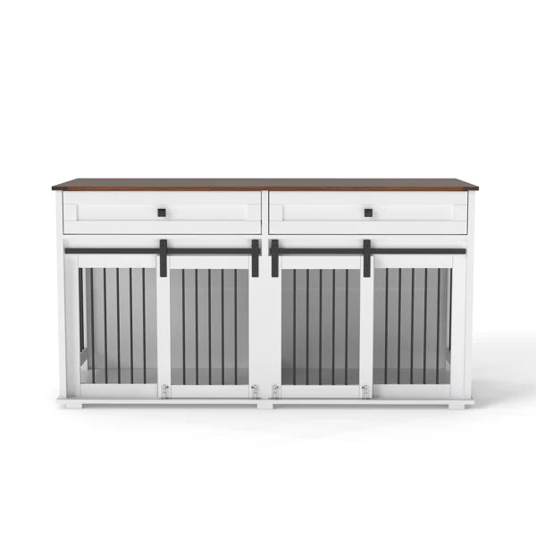 KFX-5673533 Large Wooden Dog Kennel for Two Dogs with Divider, Drawers & Sliding Door - Water-Resistant Indoor Furniture