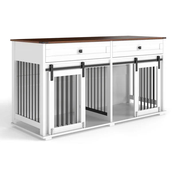 KFX-5673533 Large Wooden Dog Kennel for Two Dogs with Divider, Drawers & Sliding Door - Water-Resistant Indoor Furniture