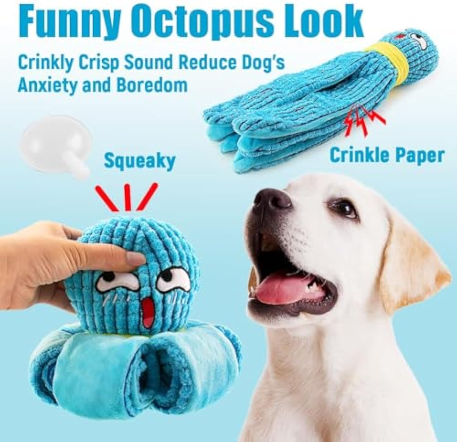 KFX-5685053 Interactive Plush Octopus Dog Toy with Squeaker and Crinkle for All Dog Sizes