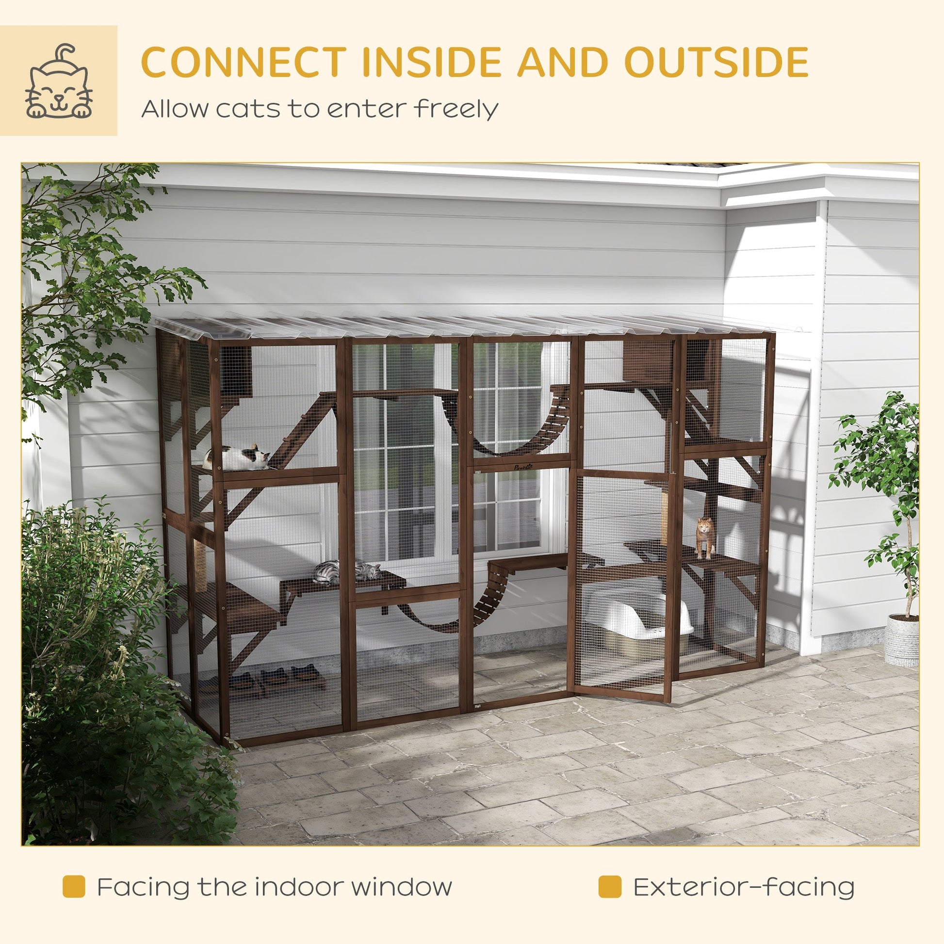 KFX-5685437 Large Outdoor Cat Enclosure with Shelves and Bridges - Coffee Brown, Durable Fir Wood Construction