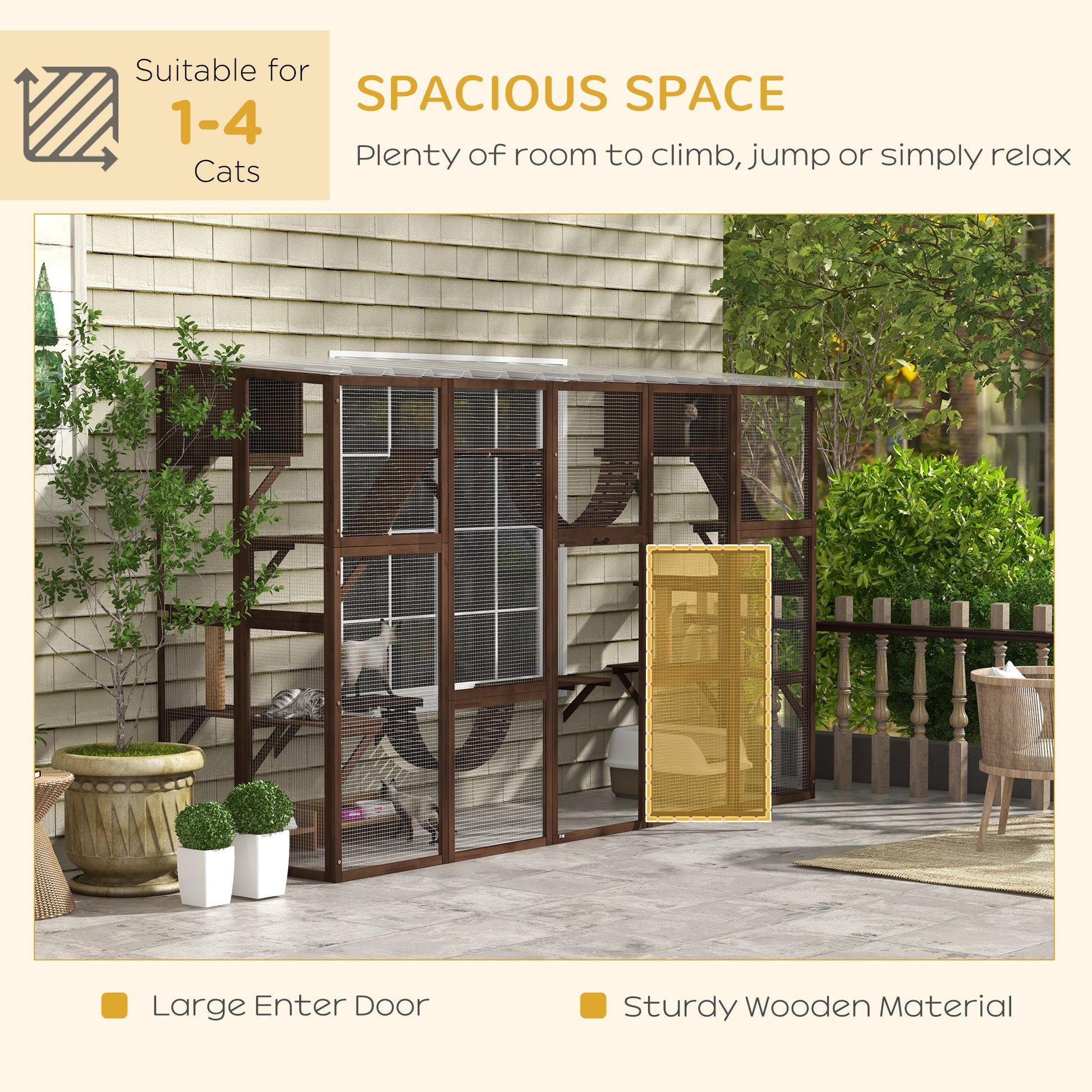 KFX-5685437 Large Outdoor Cat Enclosure with Shelves and Bridges - Coffee Brown, Durable Fir Wood Construction
