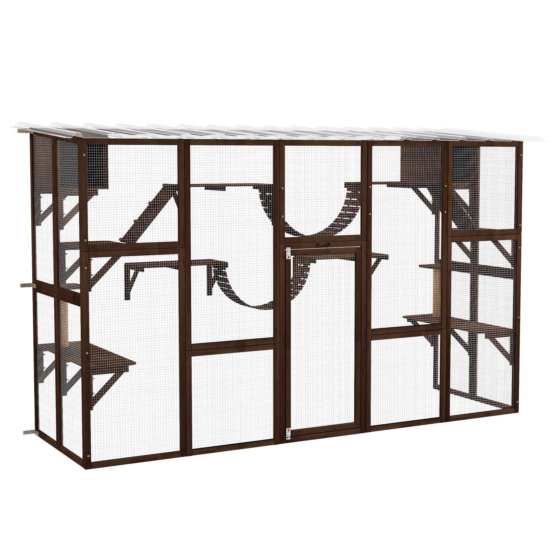 KFX-5685437 Large Outdoor Cat Enclosure with Shelves and Bridges - Coffee Brown, Durable Fir Wood Construction