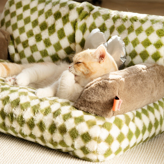 KFX-5689405 Warm Removable Washable Cat Litter Bed - Retro Diamond Design, Cloth Material, 66x37x33cm