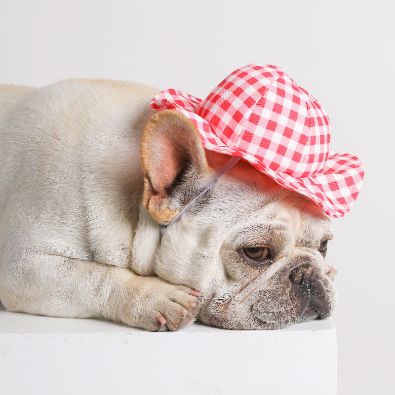 KFX-5695933 Fashionable Pet Sun Hat in Plaid Design - Casual Polyester for Small to Medium Dogs