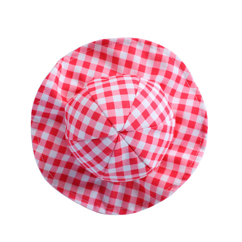 KFX-5695933 Fashionable Pet Sun Hat in Plaid Design - Casual Polyester for Small to Medium Dogs