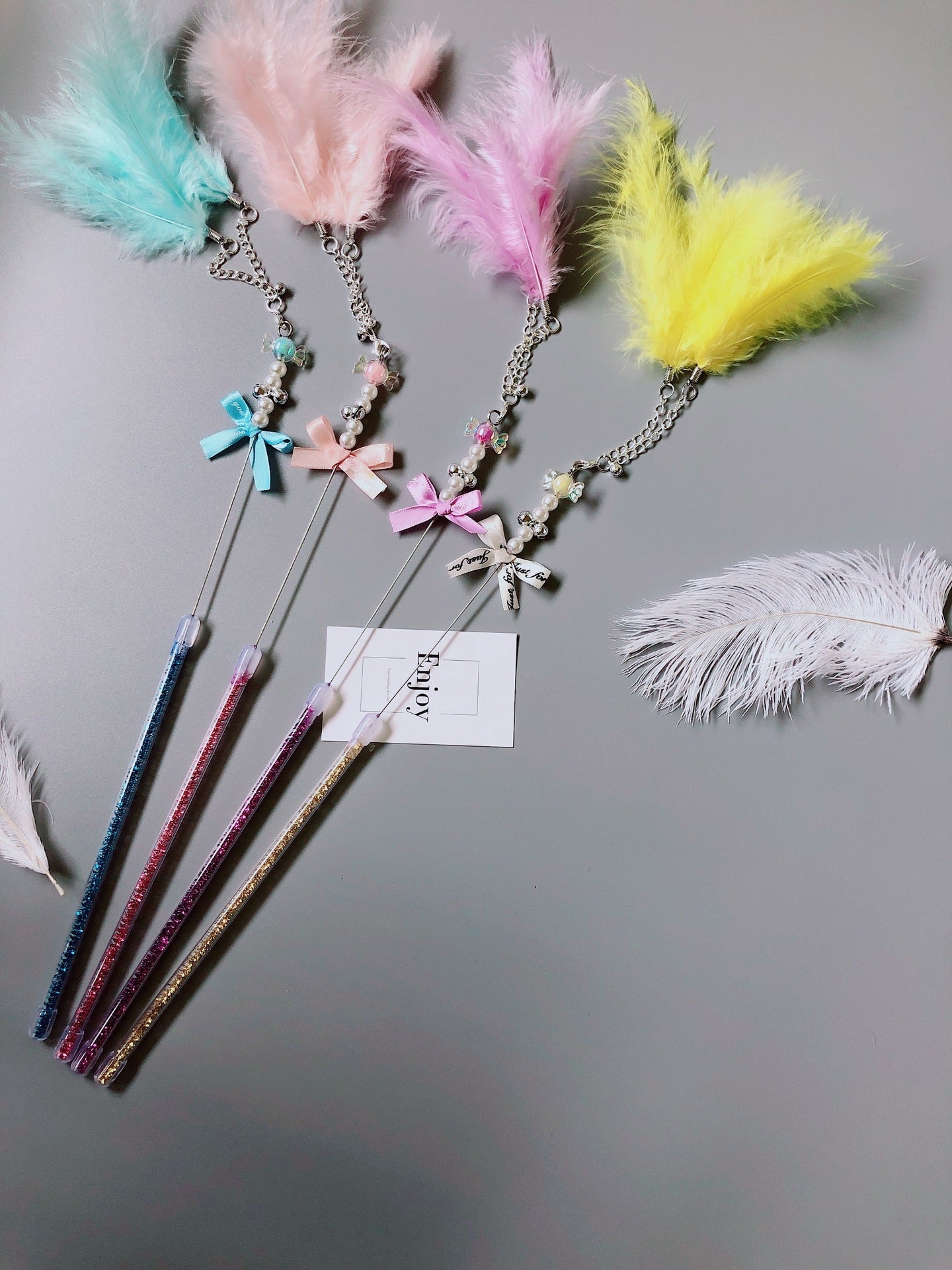 KFX-5699133 Handmade Cowhide Cat Stick Toy in Blue, Pink, Purple, and Yellow