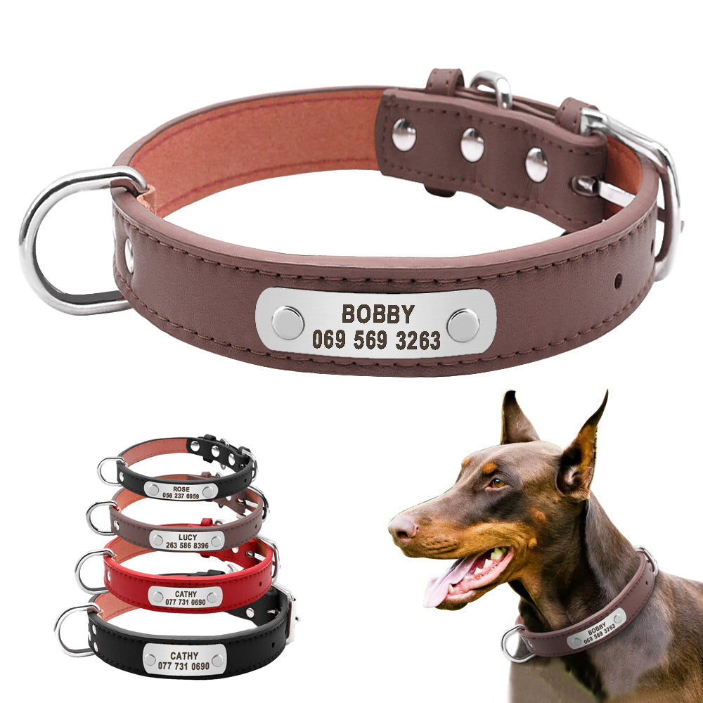KFX-5704637 Durable Personalized PU Leather Pet ID Collar for Small to Large Dogs and Cats - Adjustable, Soft Padded with Custom Engraving Options